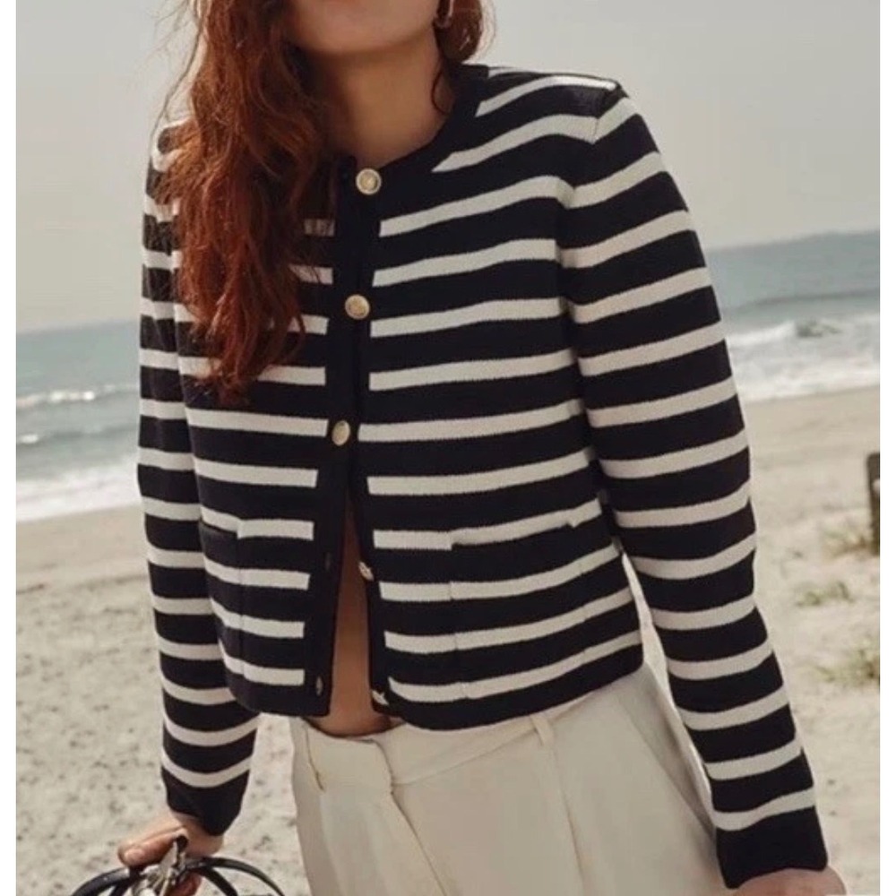 J.Crew Emilie Sweater Lady Jacket Iconic Striped Gold Button Cardigan Sweater